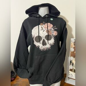 Hanes Black Hoodie with Skull and Floral Design